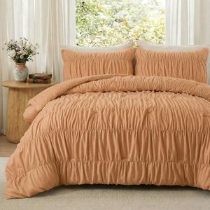 Bedbay 100% Cotton Ruched Duvet Cover Set King Size,Burnt Orange Ruffle Duvet Cover,Boho Shabby Chic Bedding Set Aesthetic Room Decor,Luxury Ruffled Bedding 3 Pcs with Zipper&8 Corner Ties