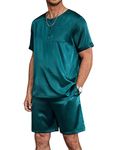Ekouaer Men Satin Pajamas Set Short Sleeve Silk Sleepwear Button Down Tops 2 Piece Loungewear with Pockets Green