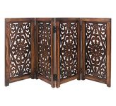 Wooden Foldable Dog Safety Gate - 4 Panels 13" W x 25" H - Hand Carved Solid Wood MDF Puppy Pet Gate - Free Standing Portable Indoor Doorway Stairs Safety Fence - Assembled - Antique Brown - IRONGATE