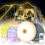 Stowable String Lights 10M,Solar Camping String Lights Reel,USB Rechargeable,3600mAh,Retractable Solar String Lights for Tent Camping Yard Garden Hiking Travel Outdoor Decoration, Warm White+Color