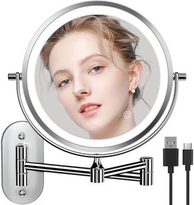 Auxmir Rechargeable Wall Mounted Lighted Makeup Mirror, 8" Double Sided 1X/10X Magnifying Vanity Mirror, 3 Color Lights Touch Dimmable Bathroom Cosmetic Mirror with 360° Swivel Extendable Arm, Chrome