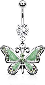 Pierced Owl - 14GA Stainless Steel CZ Crystal Butterfly Dangling Belly Button Ring, Stainless Steel, cubic-zirconia