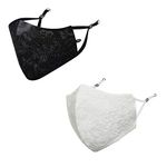 MASQ By Q-One Crystal 4 Layer, Anti-Bacterial Reusable LDPE Satin Cloth Mask Combo with Detachable Chain & Ear Adjuster for Women - Includes Mask Bag (Large, Black-White, Without Valve, Pack of 2)