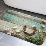 Western Horseshoe Daisy Bathroom Rugs, Rustic Barn Wooden Rusty Horseshoe Bath Mat Farmhouse Bath Mat White Daisy Flower Vintage Old Barn Door Plank Bathroom Rugs Shower Mat Kitchen Rug, 17X29 Inches