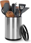 Nigelia Extra Large Kitchen Utensil Holder - 360° Rotating Stainless Steel Cooking Utensil Holder for Countertop, 3 Compartment Flatware Organizer & Utensil Caddy with Removable Base（Silvery）