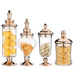 MyGift 4 Piece Set Antique Clear Glass Bathroom Apothecary Jars with Lid, Wedding Centerpiece, Kitchen Storage Jars with Metallic Copper Base and Lids