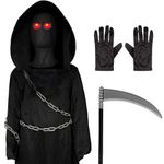 Kids Grim Reaper Fancy Dress Outfit Six Piece Costume Black Hooded Cloak Plastic Scythe Weapon, Scary Face Veil, Light Up, Unisex Boys Girls Horror Death Angel Halloween (M 7-9 Years)