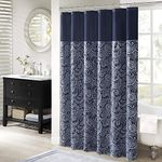 Madison Park Aubrey Shower Curtain Paisley Jacquard Pieced Microfiber Faux Silk Modern Home Bathroom Decorations Bathtub Privacy Screen, 72x72, Navy