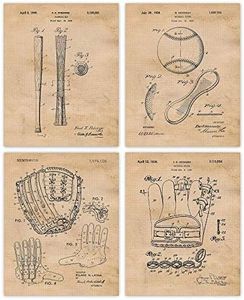 Vintage Baseball Patent Print, 4 (8x10) Unframed Photos, Wall Art Decor Gifts Under 20 for Home Office School Gym Garage Shop College Student Teacher Coach Championship Team Sports Life Fan