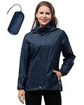 33,000ft Women's Lightweight Rain Jackets Hooded Breathable Packable Running Raincoats Active Trench Windbreaker with Hideaway Hood for Cycling Hiking (Dark Blue-M/UK 12)