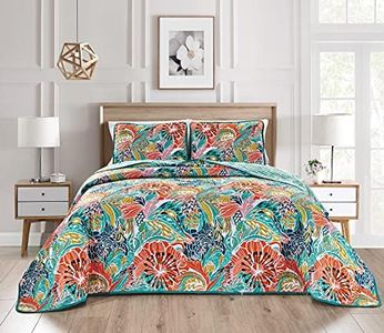 3-Piece Fine Printed Oversize (118" X 95") Quilt Set Bright Reversible Bedspread Coverlet (California) Cal King Size Bed Cover (Turquoise, Blue, Orange Boho, Multi Floral)