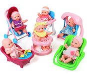 Click N Play Set of 8 Mini 5 Baby Girl Dolls with Accessories, Stroller, Cradle, High Chair, Bathtub, Infant Seat, Swing, Walker, Potty.