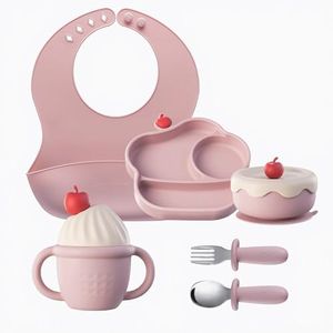 COZY ROCK Silicone Baby Feeding Set, Gelato Collection 6-Piece BLW Starter Kit with Strong Suction Plate & Bowl, Straw Cup, Bib, Fork & Spoon, First Self-Feeding Ice Cream Set - Pink