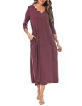 Leversic Women's Long Nightdress 3/4 Sleeve Cotton Long Nightgown Button V Neck Soft Nighties Loose Fit Women’s Dressing Gown With Pockets(Wine Red,L)