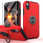 Yamink Compatible for iPhone XR Case with Tempered Glass Screen Protector,iPhone XR Case Red for Women Men, 2 in 1 Protective Lightweight Phone Case with Invisible Magnetic Ring Kickstand,Red