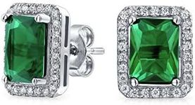 3.5CT Emerald Cut Green Cubic Zirconia Simulated Emerald CZ Halo Stud Earring For Women Rhodium Sterling Silver