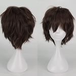 Cybelleza Anime Cosplay Wig Short Brown Wigs for Women/Men Synthetic Curly Straight Fancy Dress Wig Layered Fluffy Halloween Costume Party Carnival Wig with Free Cap, Dark Brown