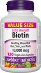 Webber Naturals Biotin 10,000 mcg Extra Strength, 120 Capsules, Supports Healthy Hair, Skin & Nails, Energy Metabolism, Vegan