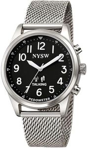 NYSW Men’s Atomic Time Sync Analog Pedometer Watch, Walking Step Counter, Calories & Miles, American Voice Announces Time/Date & Steps, No Bluetooth No EMF, Large Display, Stainless Steel Band SL-BK