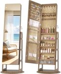 LVSOMT 360° Swivel Jewelry Cabinet with 6 LED Lights, Framelss Full Length Mirror with Storage, Standing Lockable Jewelry Organizer Armoire with 4 Rear Shelves & Hooks, Wood Surface, Yellow Lining