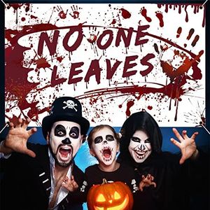Newmemo Halloween Bloody Backdrop Halloween No One Leaves Banner Creepy Fingerprint Footprint Splatter for Zombie Vampire Party Supplies Tapestry Photography Props