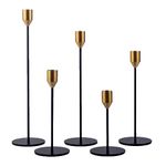 MENONEE Set of 5 Black Taper Candlestick Holders with Brass Cup - Sturdy Metal Candle Stick Candle Holder - Mid-Century Candle Holders for Table Centerpiece, Mantel, Wedding, Dining