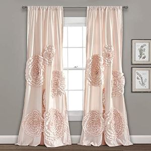 Lush Decor Serena Window Curtain Panel Ruffled Floral Vintage Chic Farmhouse Style Living, Dining Room, Bedroom Décor (Single Panel), 54" W x 84" L, Blush