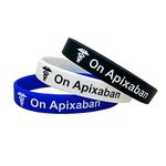 On Apixaban Wristbands Medical Alert ID Bracelets. On Apixaban Silicone Awareness Bands 202mm (Set of 3 - Black, White, Blue)