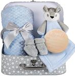 Hoolaroo Baby Blanket New Baby Boy Gifts Newborn Baby Box Fleece Blanket, Blue Deer Fawn Comforter, Knit Booties, Baby Hamper Suitcase Blue Gifts for Baby Gifts Present Boys