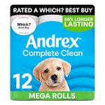 Andrex Complete Clean 12 Mega Toilet Rolls= 18 Standard Toilet Rolls, 50% Longer Lasting Paper with unique 3D Wave Texture for a Proven, Effective Clean, FSC Certified