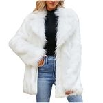 AMhomely Womens Winter Coats Casual Lapel Long Sleeve Fleece Faux Fur Jacket Balzer Style Oversized Windbreak Jacket Long Sleeve Big Turn Collar Trench Coats Plus Size Winter Furry Jacket White M