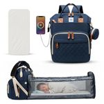 Mee Mee Tiny Treks Diaper Bag Backpack with Extendable Bassinet Changing Station, Waterproof Travel Backpack with 14 Pockets, Insulated Bottle Holder, USB Port & Pacifier Pouch – Navy Blue