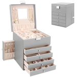Jewellery Box Organiser with 6 Drawers and Mirror, Large PU Jewelry Organiser Display Case with Side Drawers, 5 Layers Jewellery Box for Rings Earrings Bracelets Necklaces, Grey