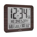 Marathon CL030067WD Slim Atomic Full Calendar Wall Clock with Large 3.25" Digits, Indoor Temperature and Humidity (Wood Tone) - Batteries Included