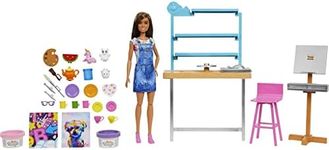 Barbie Relax and Create Art Studio, Barbie Doll (11.5 inches), 25+ Creation Accessories for Pottery Making & Painting, Dough, Vase Mold, Canvases & More, Great for Kids 3 to 7 Years Old