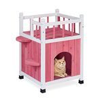 Relaxdays Cat House, Wood, H x W x D: 65,5 x 54 x 45 cm, Kitten Shelter 2 Floors, Balcony and Sleeping Cave, Red/White