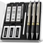 FourCandies 0.5mm Mechanical Pencil Set with Case, 3Pcs 0.5mm Metal metal mechanical pencil with 360pcs HB Lead Refills, 3Pcs 4B Erasers and 9pcs Eraser Refills for Adults & Children Writing, Drawing