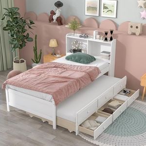 Twin Size Trundle Bed with Storage Drawers and Bookcase Headboard, Kids Twin Bed with Trundle,Captains Bed Twin with Trundle,Twin Trundle Bed with Storage for Teens,Adults(Twin,White)