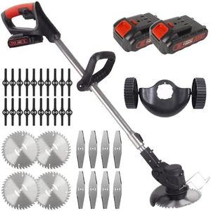 Electric Weed Eater with Wheels,Cordless Battery Weed Wacker with Charger, 3 in 1 Brush Cutter/String Trimmer/Grass Trimmer/Lawn Mower,Edger for Garden and Yard Lawn,2 Batteries Include