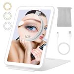 LUKYMIRO Rechargeable Travel Makeup Mirror with Lights and10x Magnification, 70 LEDs 3 Color Lights, Desk Foldable Beauty Mirror, Portable Lighted Mirror with Carrying Case