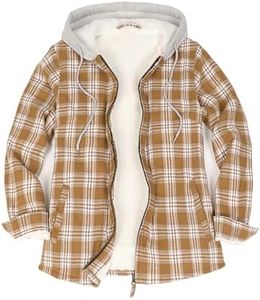 ZENTHACE Warm Sherpa Lined Flannel Shirts Jacket Women Zipper Hooded Plaid Shacket Coat Fall Winter Outdoor Activities Latte S