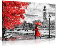 Panther Print, Black and White Canvas Wall Art, Framed Pictures, Canvas Prints for Walls, London Oil Painting Artwork Reproduction, Big Ben, Red Umbrella, Print for Special Occasions (30x20 Inch)