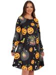 Love My Fashions® Womens Halloween Sugar Skull Cat Ghost Scary Pumpkin Printed Long Sleeves Round Neck Party Skater Swing Mini Dress for Women Ladies Halloween Costumes for Adult