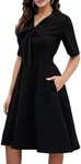 oxiuly Women's Vintage Bow Tie V-Neck Pockets Casual Work Party Cocktail Swing A-line Dresses OX278 (S, Black Solid 5)