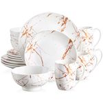 LOVECASA White Dinnerware Sets for 4, 16 Piece Porcelain Dish Set Plates and Bowls Sets, Gold Splash Glaze Ceramic Dinner Set with Mugs, Dishwasher Microwave Safe