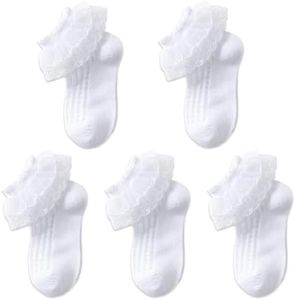 Exegawe Toddler Girl Socks with Ruffle Lace Frilly 5 Pairs Kids Dress Dance Socks for 1-9 Years(White A86, L/7-9 Years)