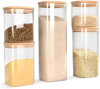 Square Airtight Glass Storage jar with Bamboo Lid (25oz/27oz/33oz/50oz/77oz) Set of 5, Clear Food Storage mason jar Kitchen Pantry Storage spice Jar for Flour Cereal Sugar Tea Coffee Beans Snacks.