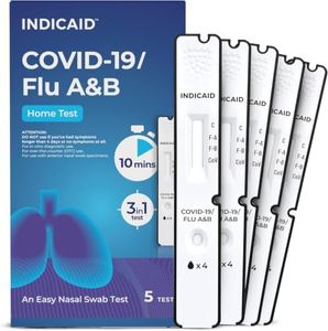 INDICAID COVID-19/Flu A+B 3-in-1 Antigen Test, Covid Flu Test Combo, 5 Tests, Accurate Results in 10 Minutes - Made in USA, Easy to Use at Home, School, Working Place, and when Traveling- FSA/HSA Eligible