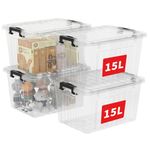 Cetomo 15L*4 Storage Boxes with Lids, Plastic Storage Bins with Latching Buckles, Click Closure, Stackable, Nestable, Clear Organizer for Home Office Clothes, Transparent, 15L-4 Pack