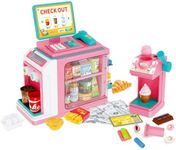 FS Kids Pretend Play Store Set with Toy Cash Register for Kids, 45 Piece Accessories Grocery Store Playset with Scanner, Food & Play Money & Ice Cream Maker for 3+ Kids 5-8 Girls, Pink